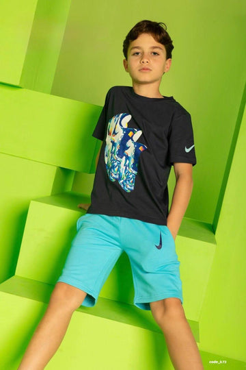 Boys Performance T-Shirt & Shorts Set – Black & Navy Summer Activewear