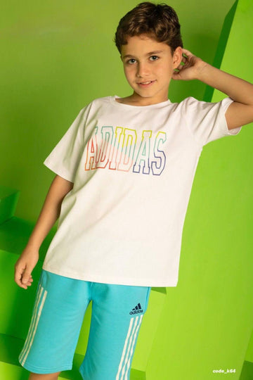 Boys' White Graphic Cotton T-Shirt – Rainbow Outline Logo Casual Short Sleeve Tee