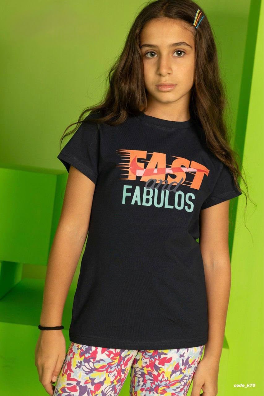 Girls' Black Graphic Cotton T-Shirt – "Fast and Fabulous" Casual Short Sleeve Tee