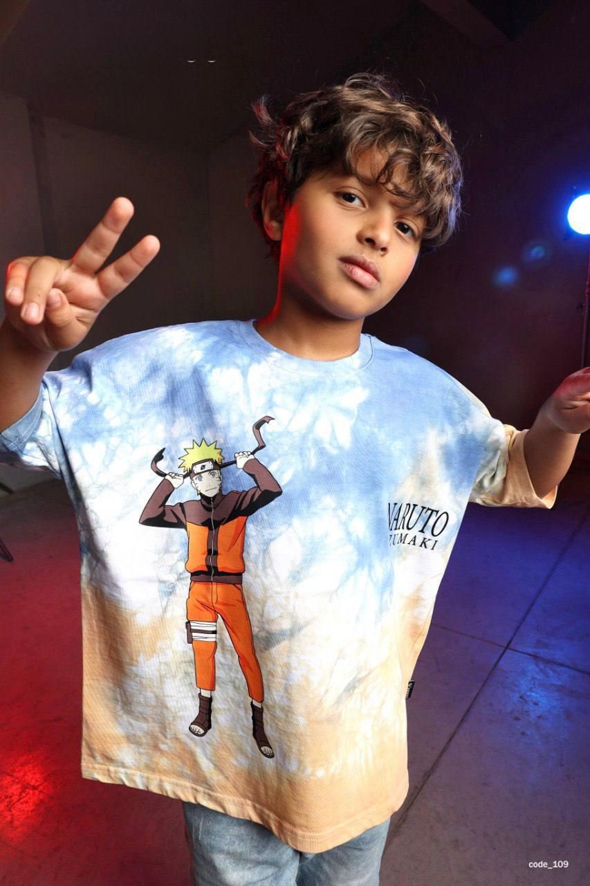 Kids Naruto Tie-Dye Oversized T-Shirt – Blue Anime Graphic Cotton Tee for Boys