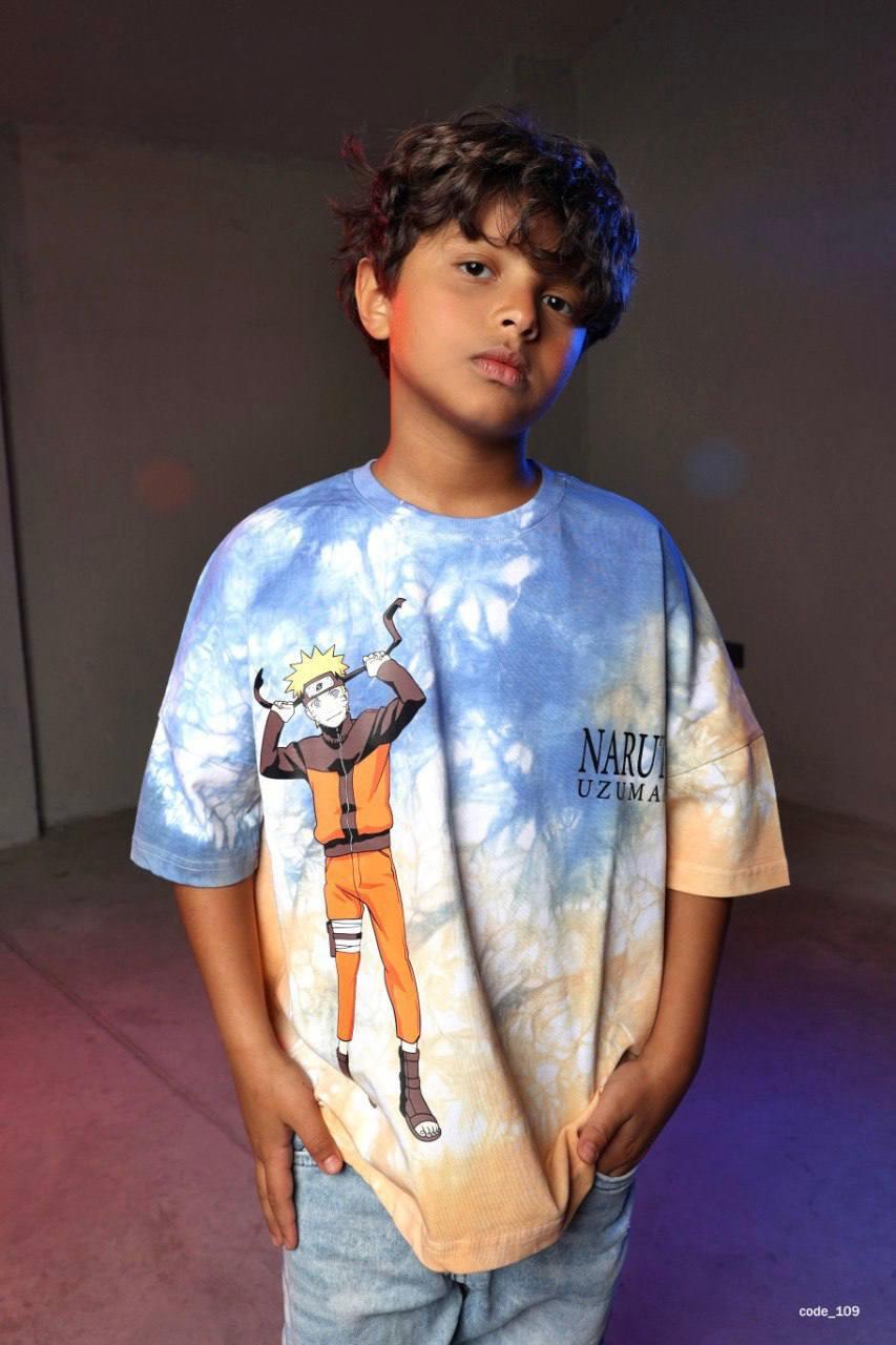 Kids Naruto Tie-Dye Oversized T-Shirt – Blue Anime Graphic Cotton Tee for Boys