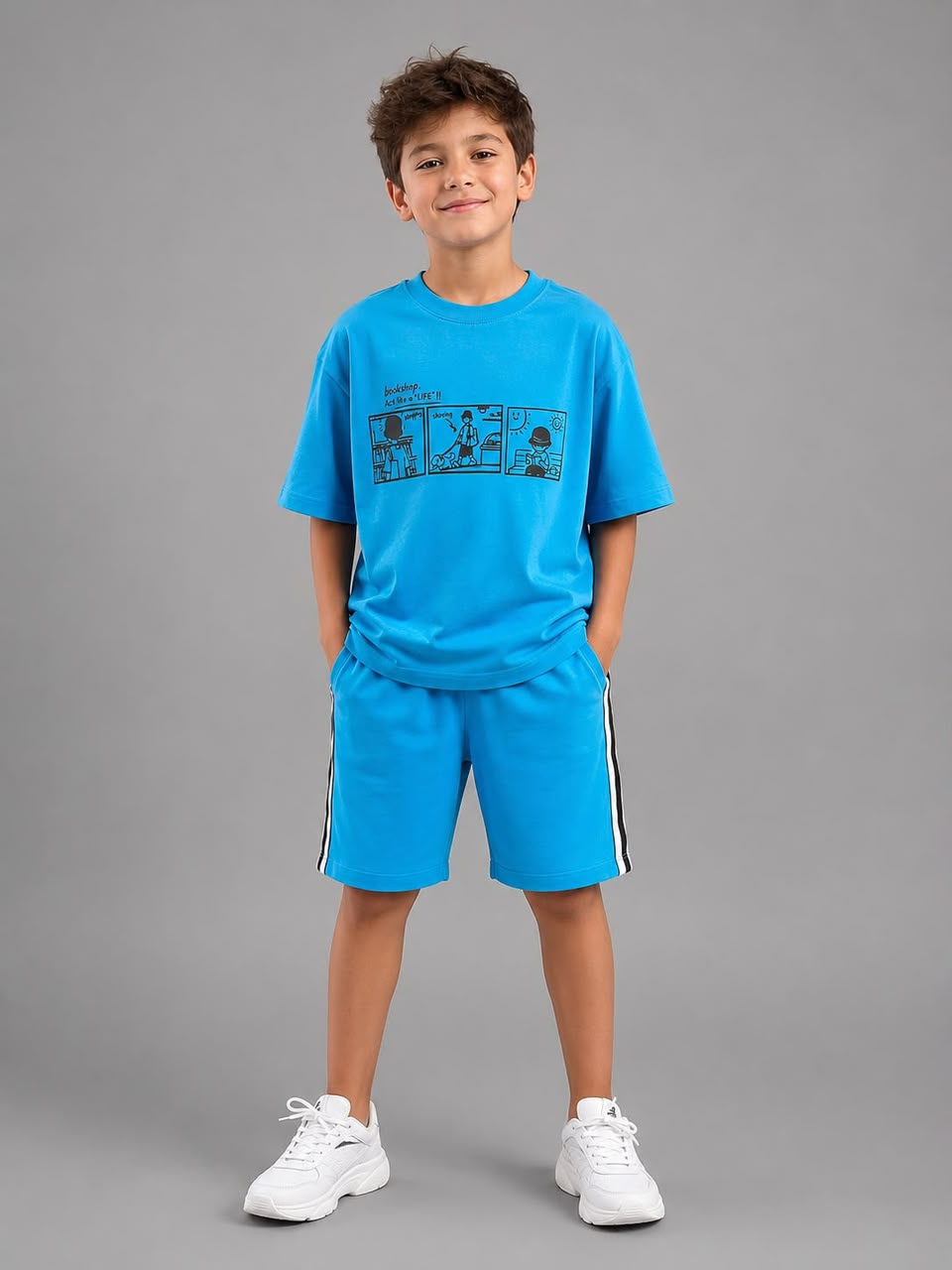 Kids Blue Graphic T-Shirt & Shorts Set – Casual Cotton Summer Outfit for Boys