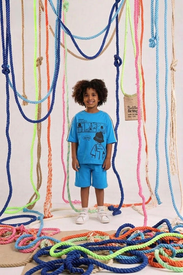 Kids Blue Graphic T-Shirt & Shorts Set – Casual Cotton Summer Outfit for Boys