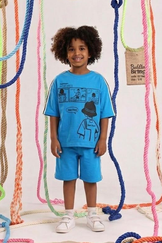 Kids Blue Graphic T-Shirt & Shorts Set – Casual Cotton Summer Outfit for Boys