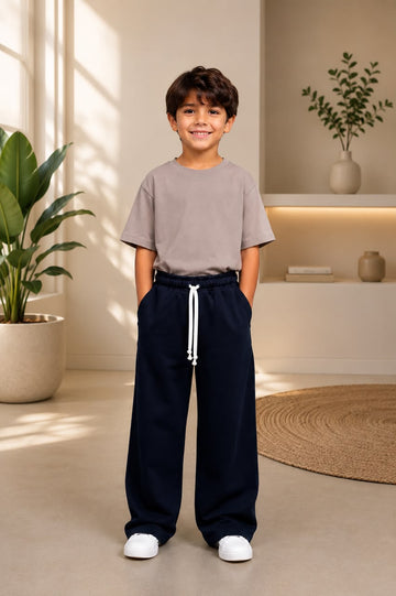 Boys'Navy Wide-Leg Sweatpants Set | Soft Cotton Casual Outfit