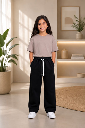 Girls' Black Wide-Leg Sweatpants Set | Soft Cotton Casual Outfit