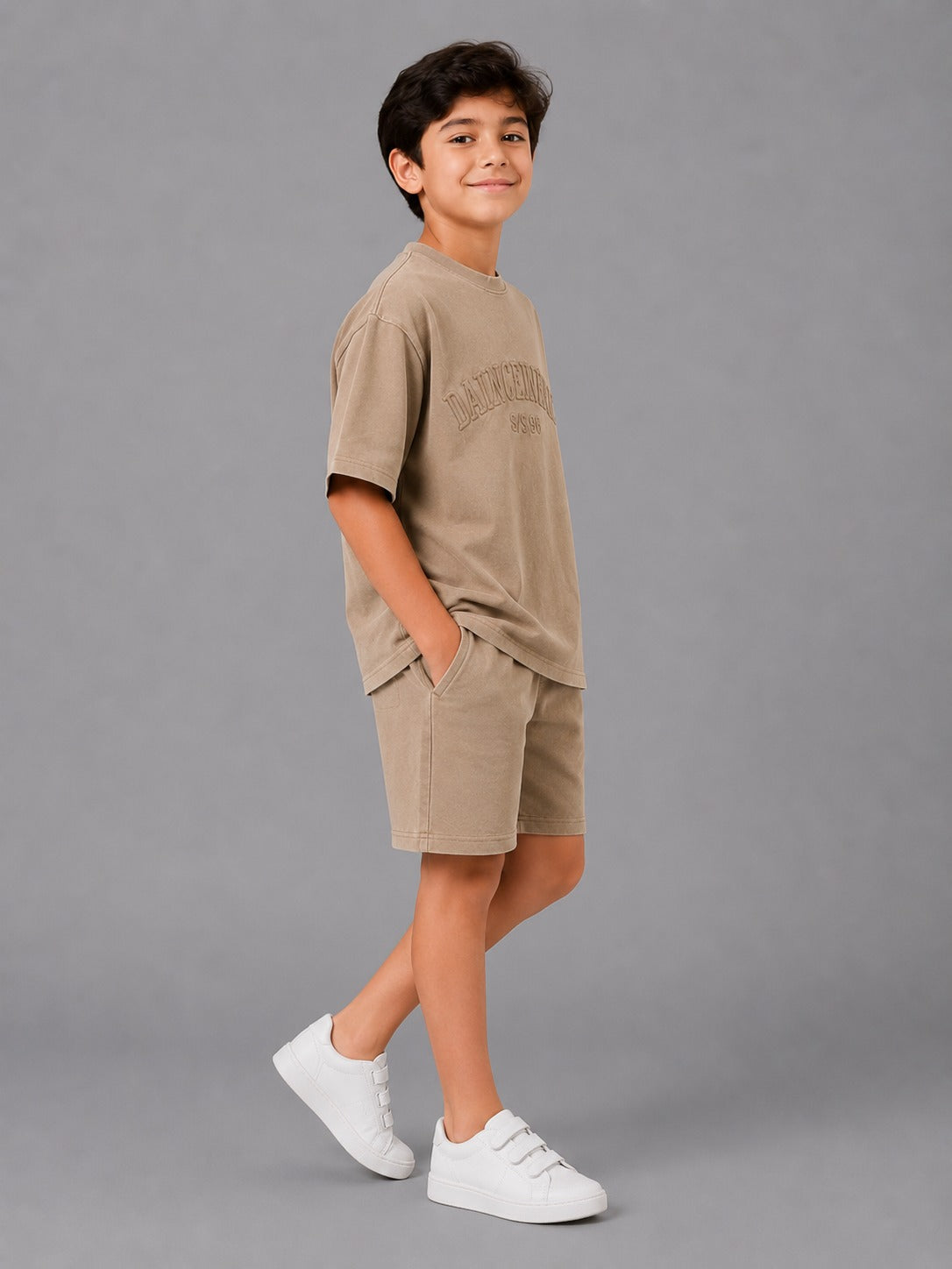 Boys' Oversized Cotton T-Shirt Casual 2-Piece Summer Outfit in Taupe