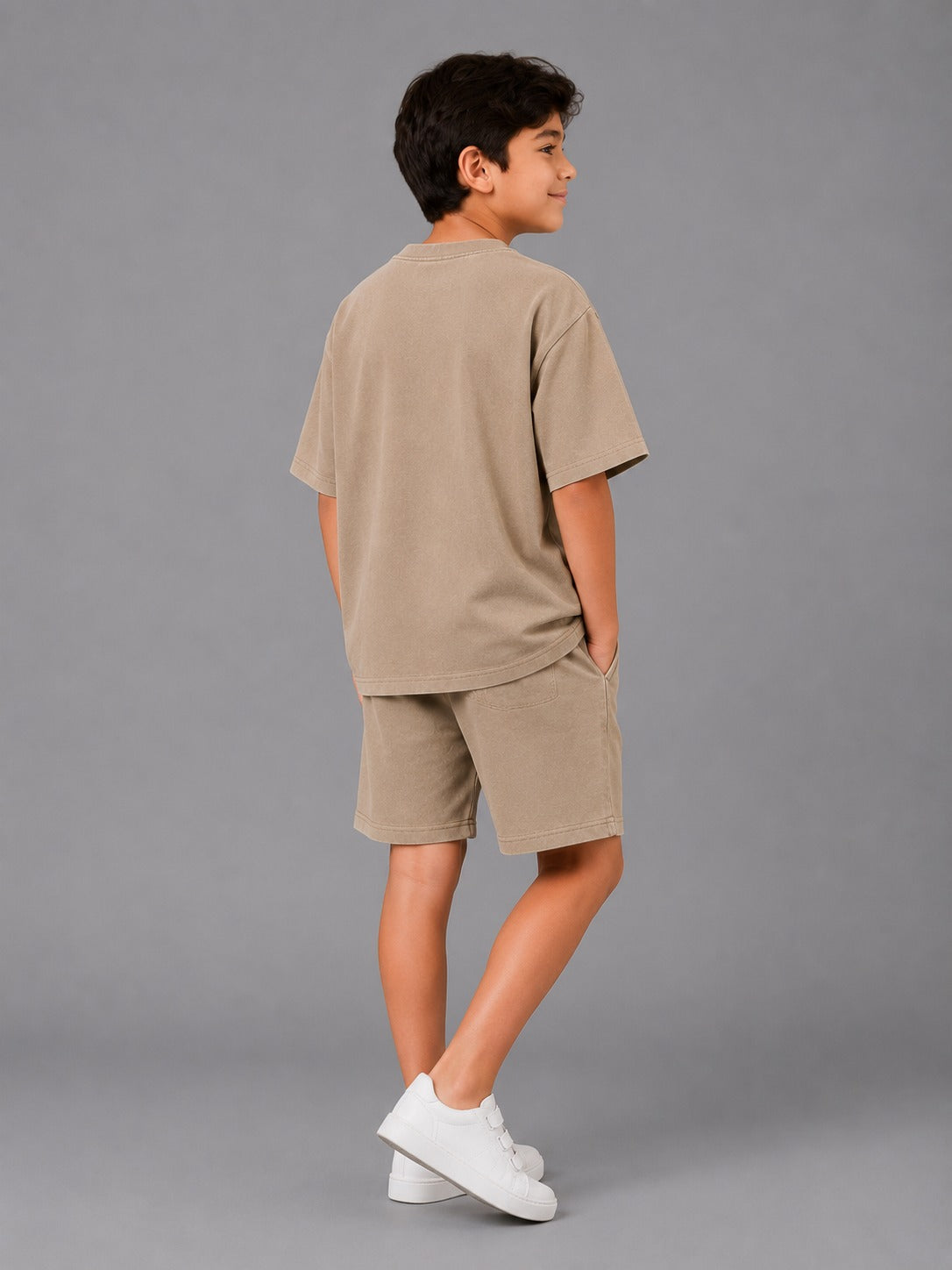 Boys' Oversized Cotton T-Shirt Casual 2-Piece Summer Outfit in Taupe