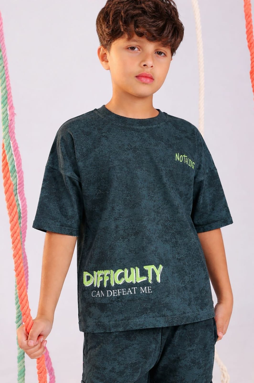 Boys' Dark Green Acid Wash T-Shirt & Cargo Shorts Set | Casual Summer Cotton Outfit