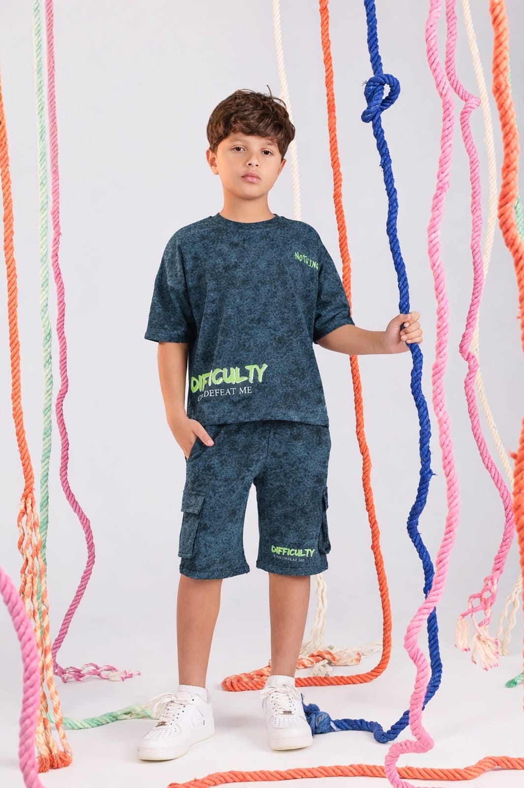 Boys' Dark Green Acid Wash T-Shirt & Cargo Shorts Set | Casual Summer Cotton Outfit