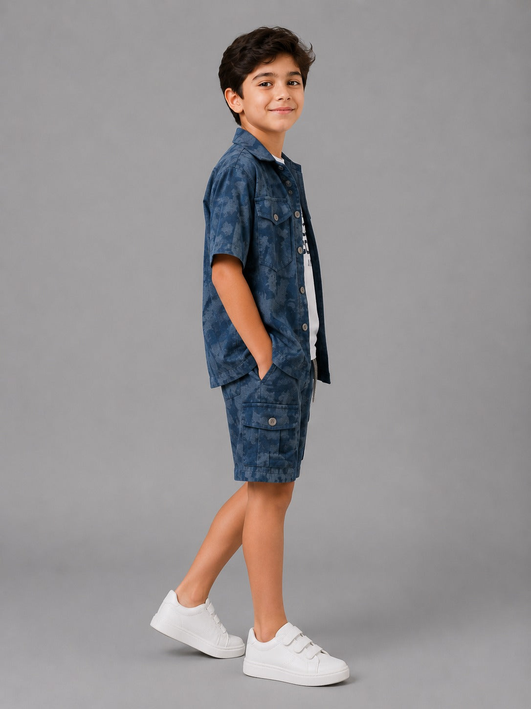 Boys' 3-Piece Camo Cargo Shorts Set | Graphic T-Shirt & Short Sleeve Button-Up Shirt