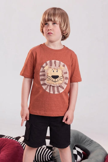 Boys' Lion Graphic T-Shirt & Black Cargo Shorts Set | Soft Cotton Casual Summer Outfit