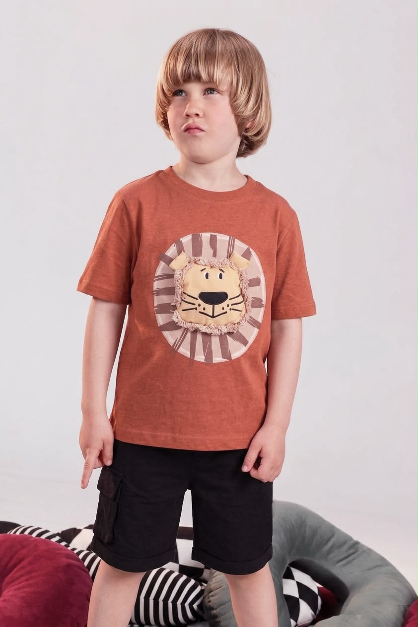 Boys' Lion Graphic T-Shirt & Black Cargo Shorts Set | Soft Cotton Casual Summer Outfit