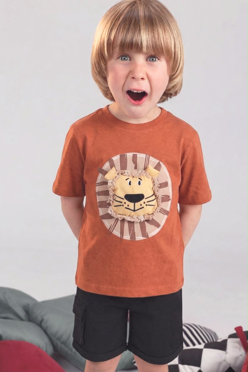 Boys' Lion Graphic T-Shirt & Black Cargo Shorts Set | Soft Cotton Casual Summer Outfit