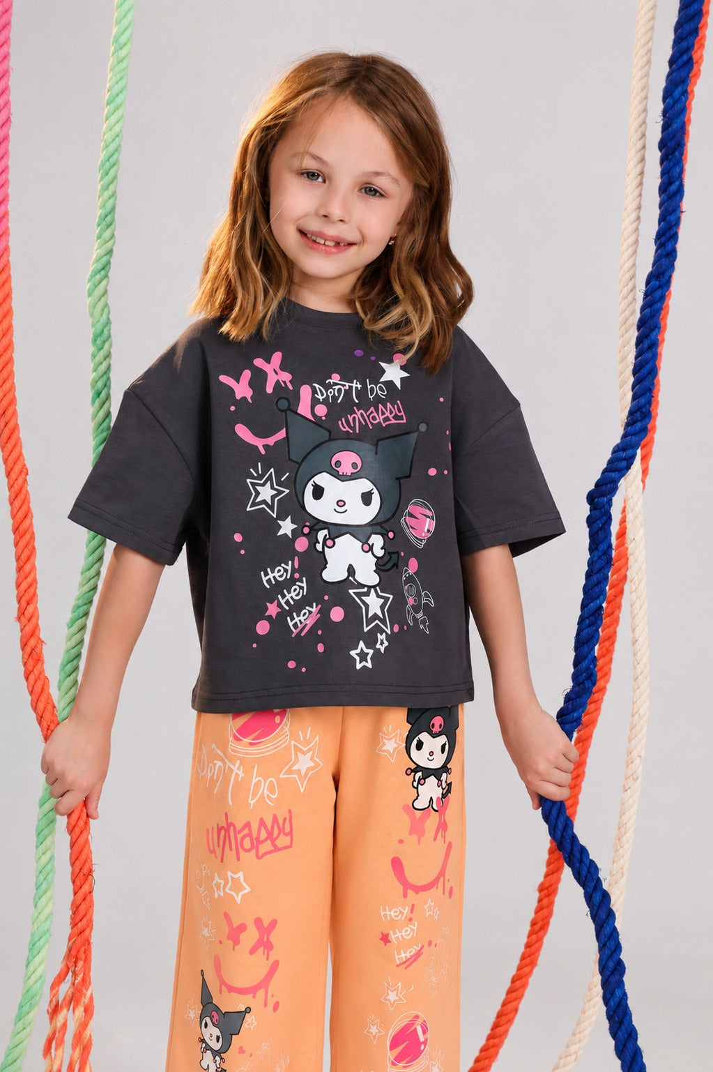 Girls' Kurumi Graphic T-Shirt & Wide-Leg Pants Set – Soft Cotton Casual Outfit for Kids