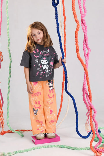 Girls' Kurumi Graphic T-Shirt & Wide-Leg Pants Set – Soft Cotton Casual Outfit for Kids
