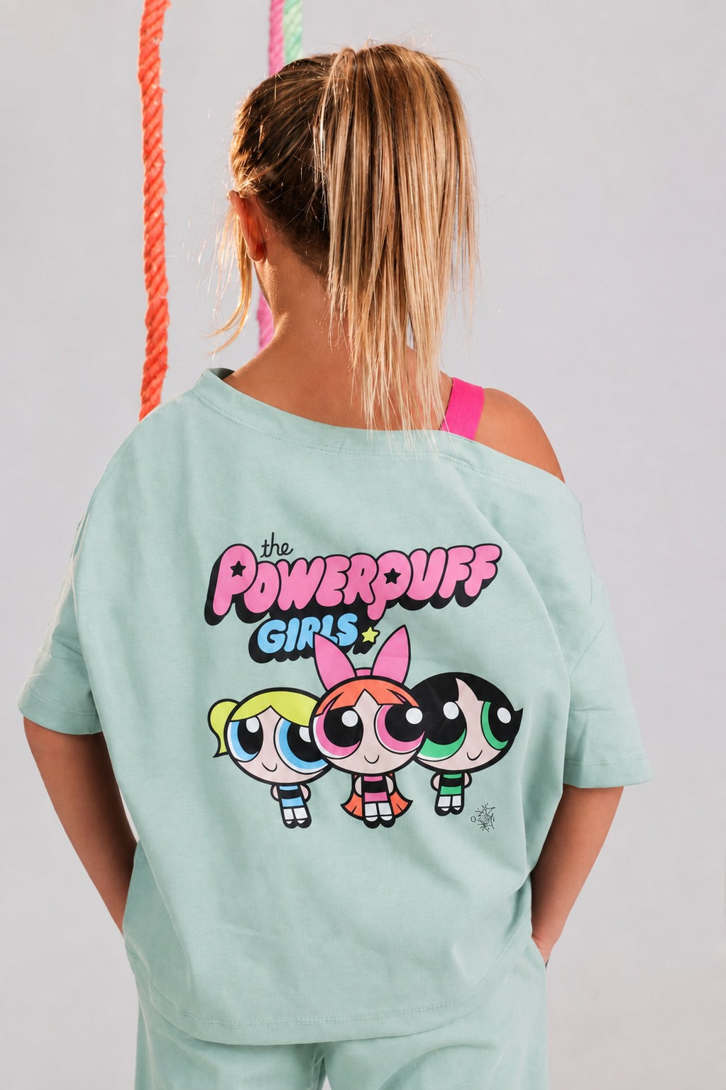 Girls' Powerpuff Girls Oversized Lounge Set – Mint Green Cotton T-Shirt & Wide-Leg Pants | Soft Casual 2-Piece Outfit