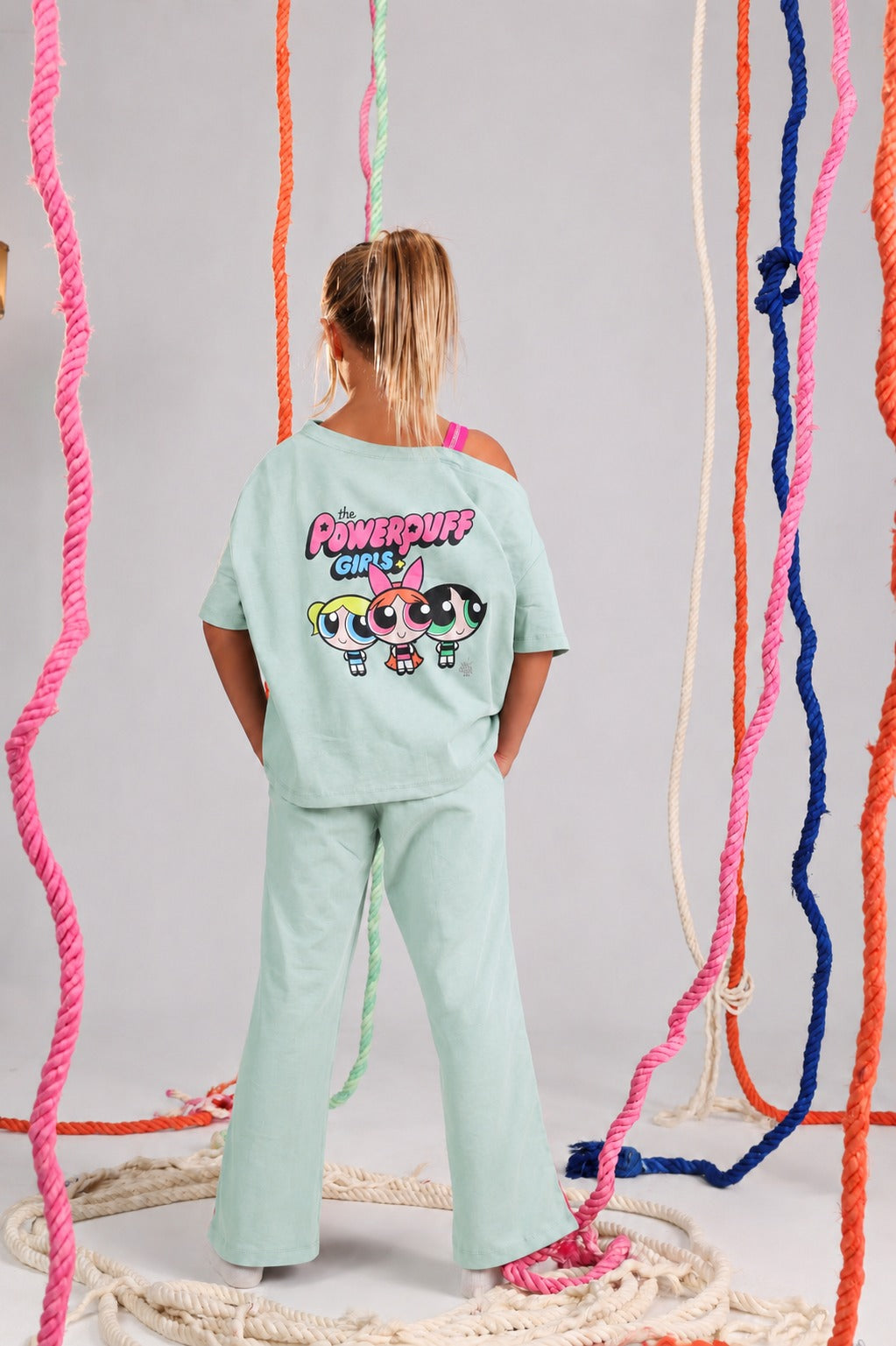 Girls' Powerpuff Girls Oversized Lounge Set – Mint Green Cotton T-Shirt & Wide-Leg Pants | Soft Casual 2-Piece Outfit