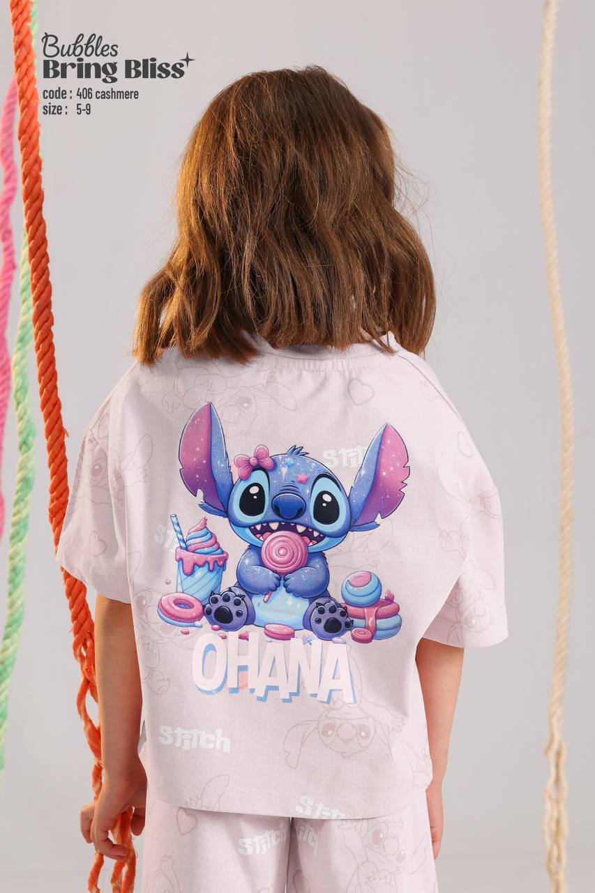 Girls' Stitch Graphic T-Shirt & Bermuda Shorts Set – Soft Cotton 2-Piece Summer Outfit for Kids