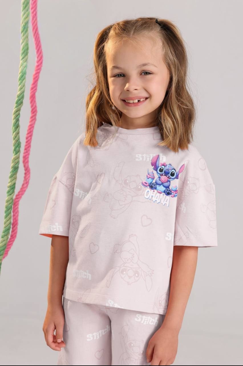 Girls' Stitch Graphic T-Shirt & Bermuda Shorts Set – Soft Cotton 2-Piece Summer Outfit for Kids