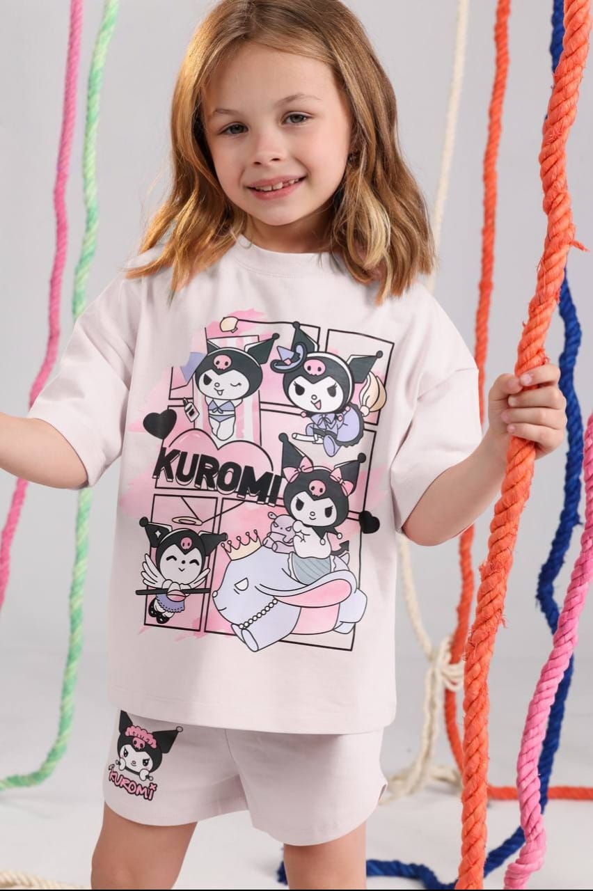 Girls' Kuromi Graphic T-Shirt & Shorts Set – Soft Cotton Summer Outfit for Kids | Casual 2-Piece Clothing Set