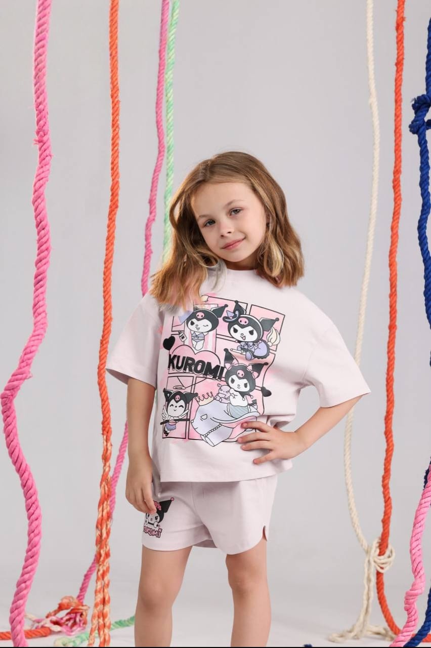 Girls' Kuromi Graphic T-Shirt & Shorts Set – Soft Cotton Summer Outfit for Kids | Casual 2-Piece Clothing Set