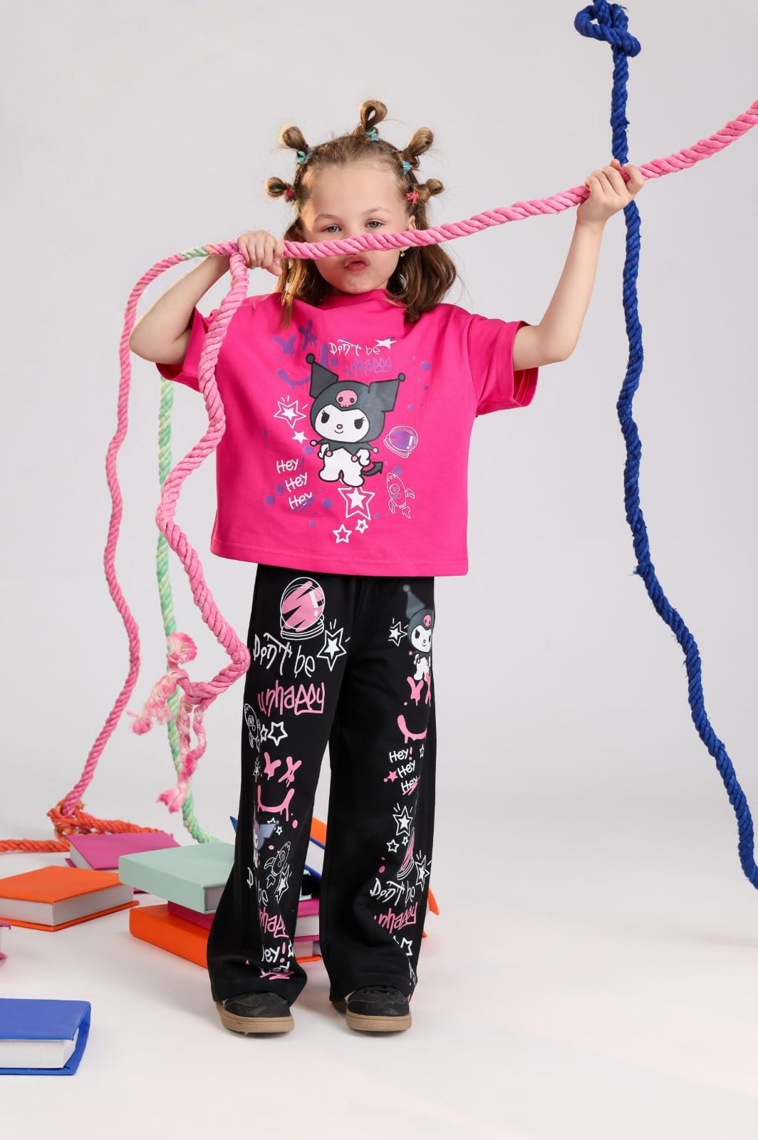 Girls' Kuromi Graphic T-Shirt & Wide-Leg Pants Set – Soft Cotton 2-Piece Casual Outfit for Kids
