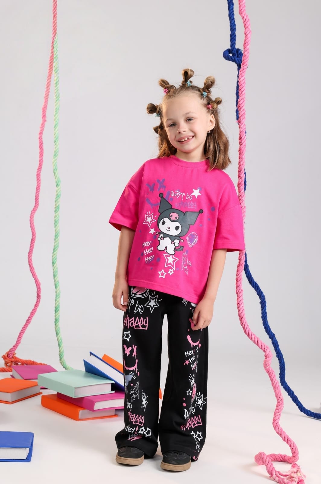 Girls' Kuromi Graphic T-Shirt & Wide-Leg Pants Set – Soft Cotton 2-Piece Casual Outfit for Kids