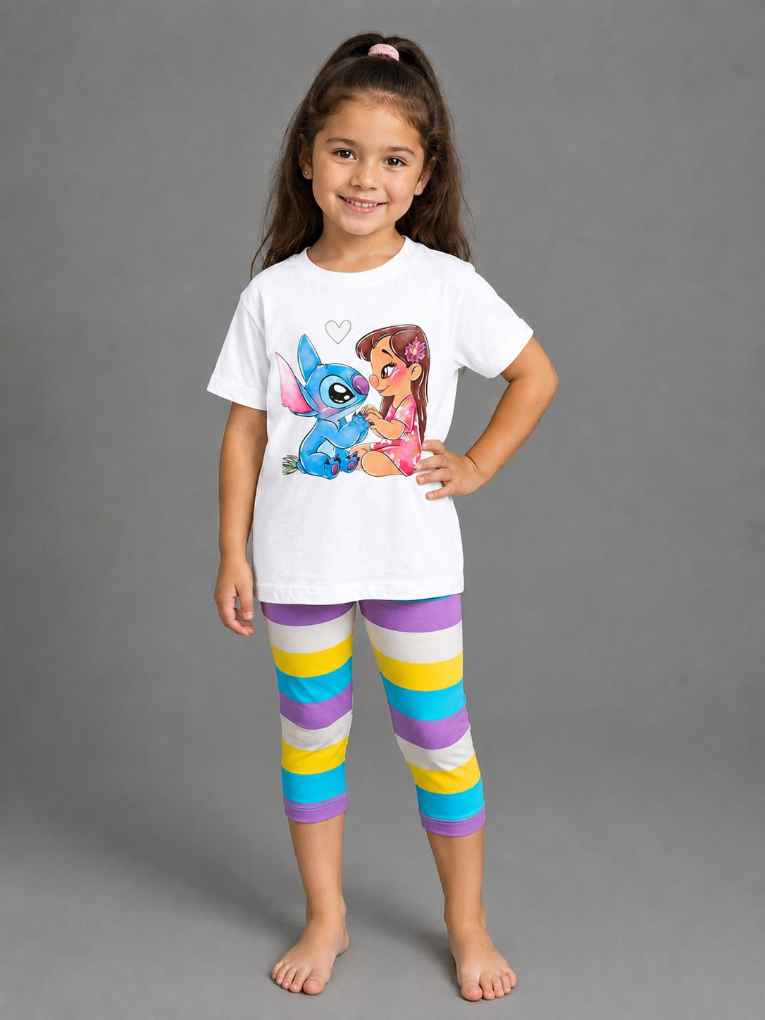 Girls' Stitch Graphic T-Shirt & Striped Capri Leggings Set – Soft Cotton 2-Piece Casual Outfit for Kids