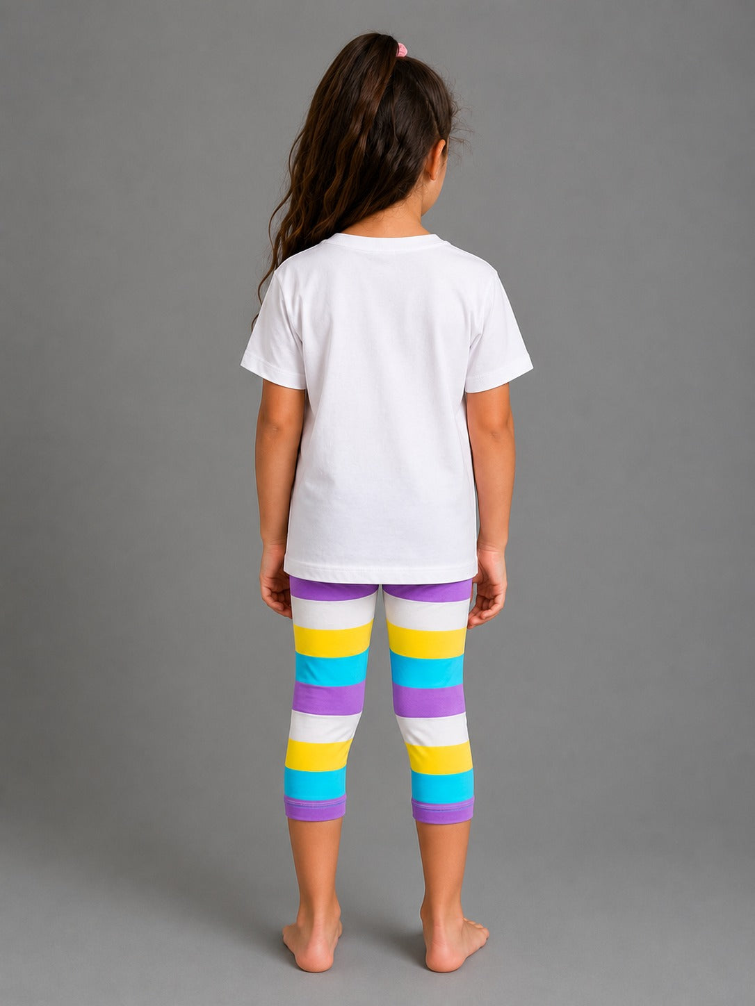 Girls' Stitch Graphic T-Shirt & Striped Capri Leggings Set – Soft Cotton 2-Piece Casual Outfit for Kids