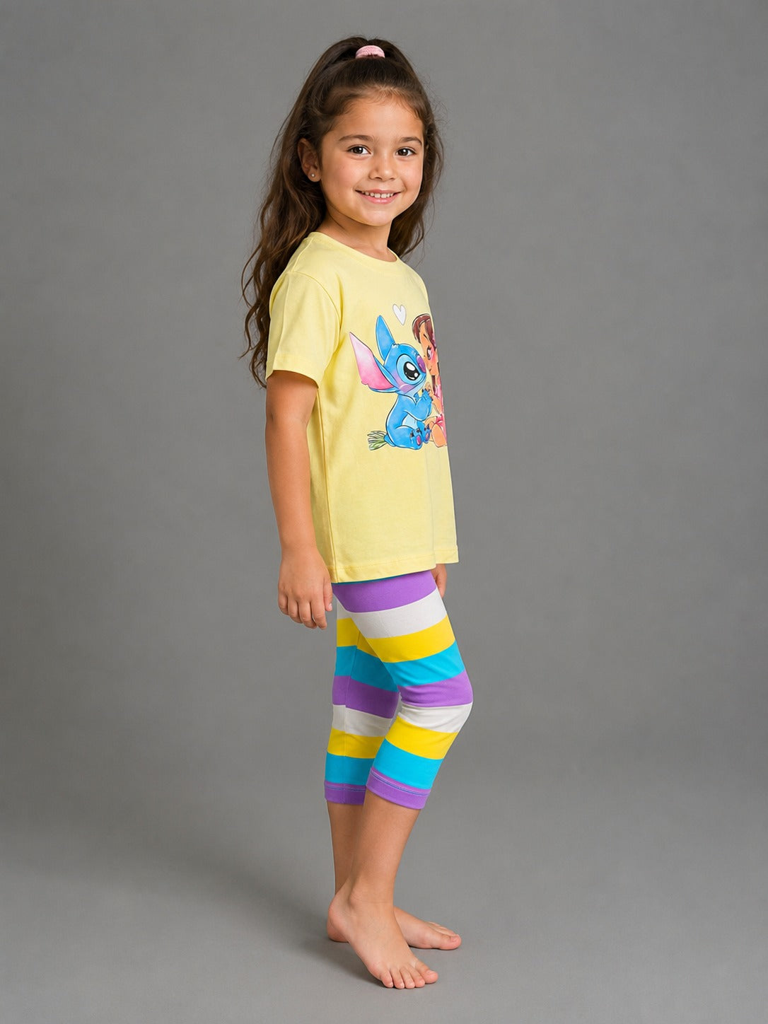 Girls' Stitch Graphic T-Shirt & Striped Capri Leggings Set – Soft Cotton 2-Piece Casual Outfit for Kids