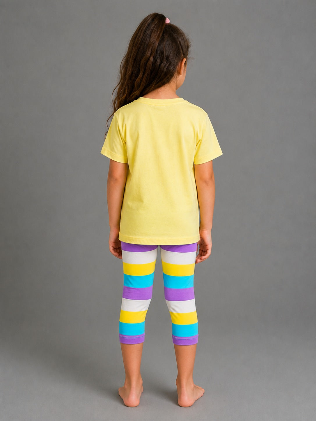 Girls' Stitch Graphic T-Shirt & Striped Capri Leggings Set – Soft Cotton 2-Piece Casual Outfit for Kids