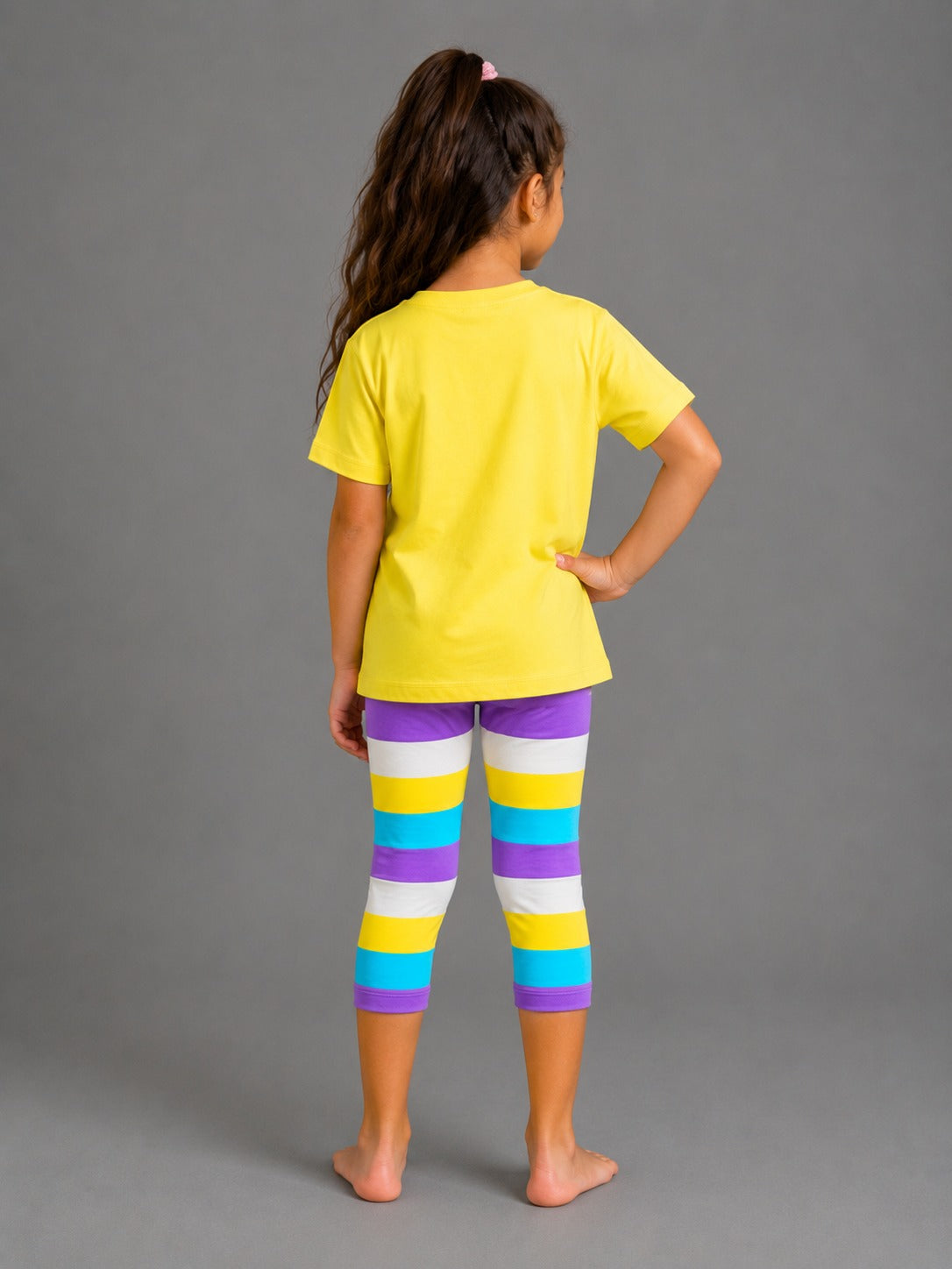 Girls' Stitch Graphic T-Shirt & Striped Capri Leggings Set – Soft Cotton 2-Piece Kids Outfit