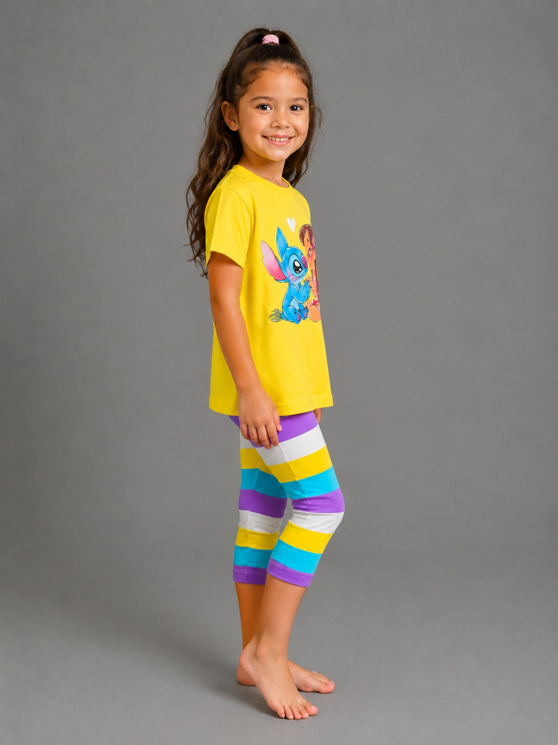 Girls' Stitch Graphic T-Shirt & Striped Capri Leggings Set – Soft Cotton 2-Piece Casual Outfit for Kids