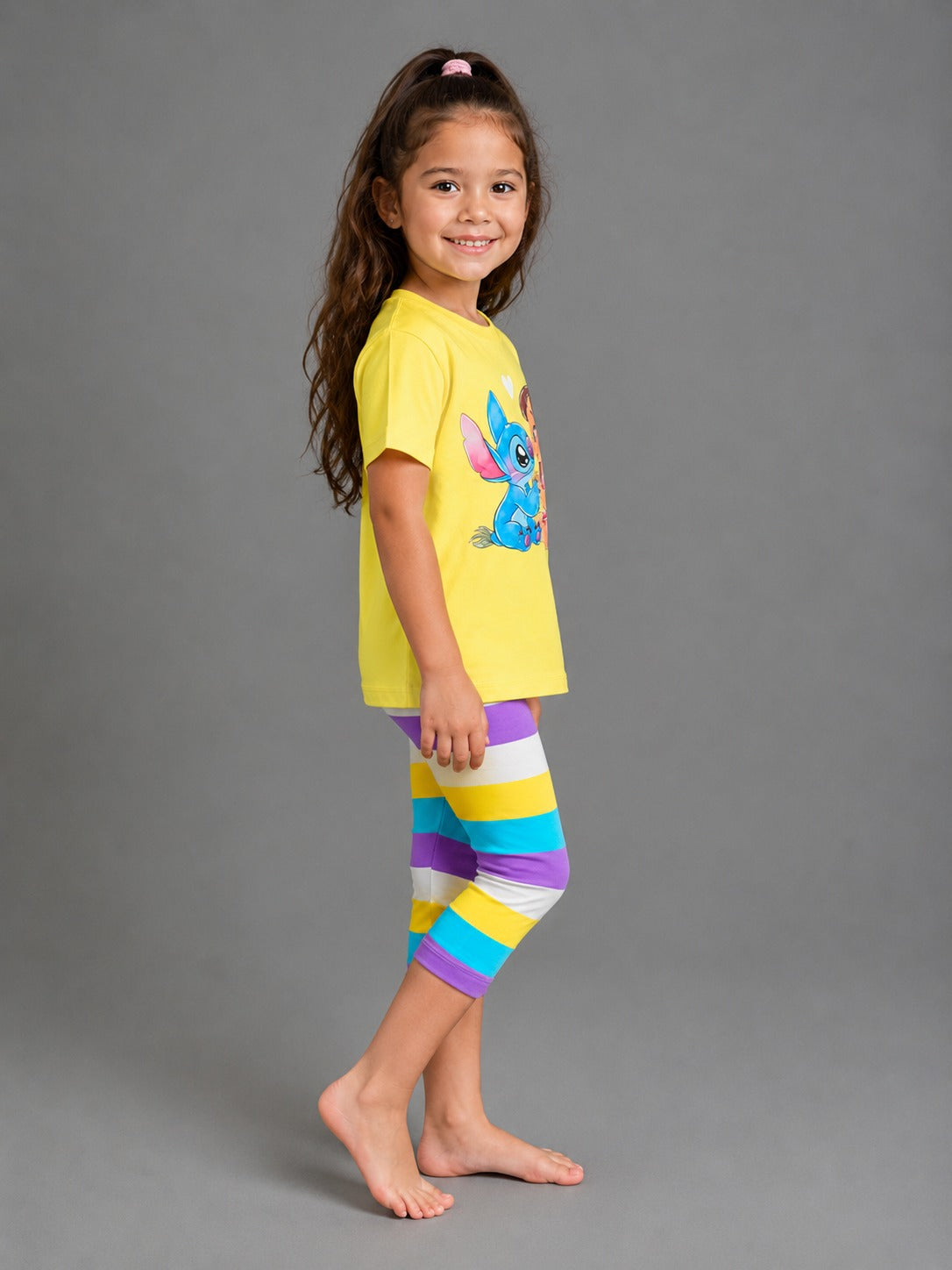 Girls' Stitch Graphic T-Shirt & Striped Capri Leggings Set – Soft Cotton 2-Piece Kids Outfit