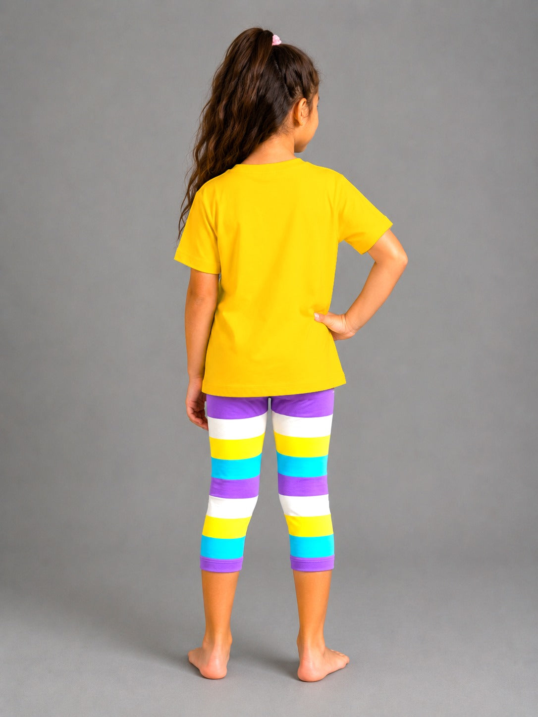 Girls' Stitch Graphic T-Shirt & Striped Capri Leggings Set – Soft Cotton 2-Piece Casual Outfit for Kids