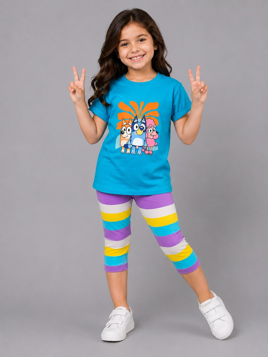 Girls' Bluey Graphic T-Shirt & Striped Capri Leggings Set – Soft Cotton 2-Piece Casual Outfit for Kids