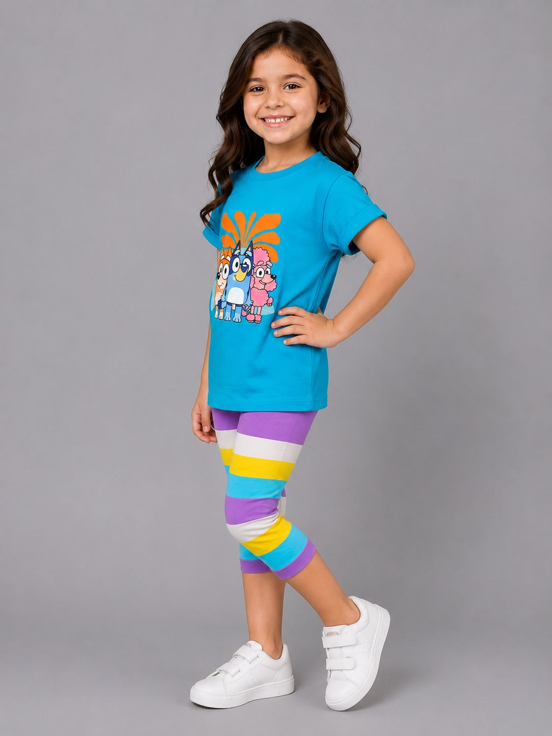 Girls' Bluey Graphic T-Shirt & Striped Capri Leggings Set – Soft Cotton 2-Piece Casual Outfit for Kids