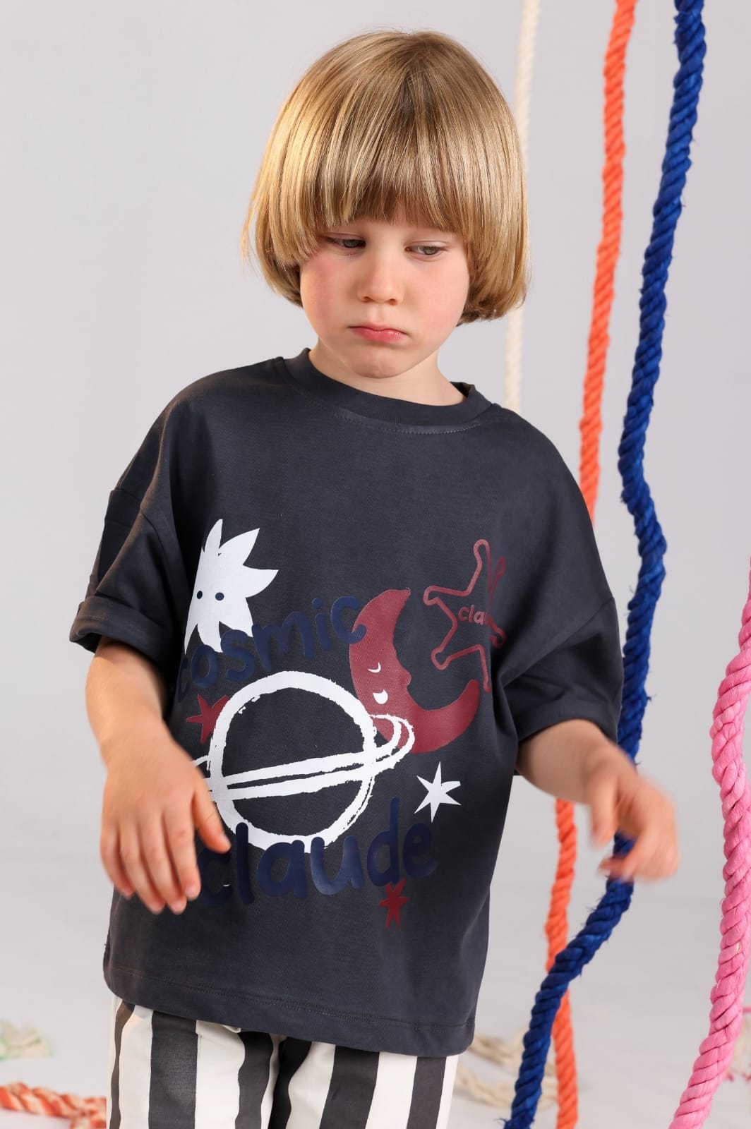 Boys' Space Graphic T-Shirt & Striped Shorts Set – Soft Cotton 2-Piece Summer Outfit for Kids