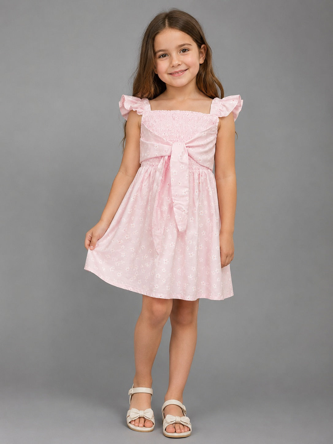 Girls' Pink Smocked Floral Dress with Bow Detail – Elegant Sleeveless Summer Dress for Kids
