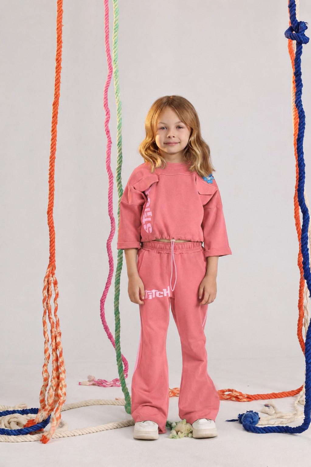 Girls' Stitch Cropped Sweatshirt & Wide-Leg Pants Set – Soft Cotton 2-Piece Casual Tracksuit