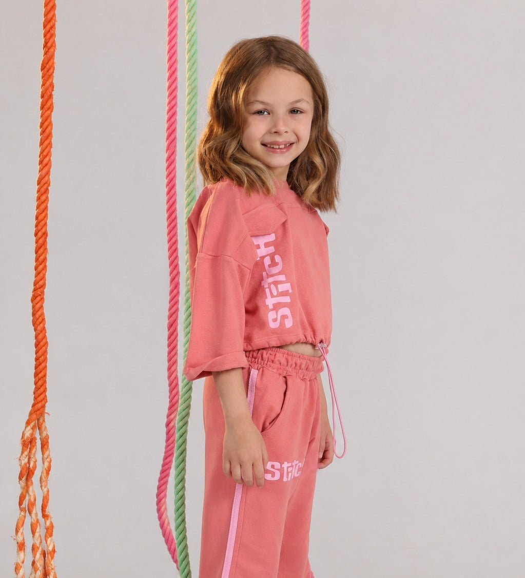 Girls' Stitch Cropped Sweatshirt & Wide-Leg Pants Set – Soft Cotton 2-Piece Casual Tracksuit