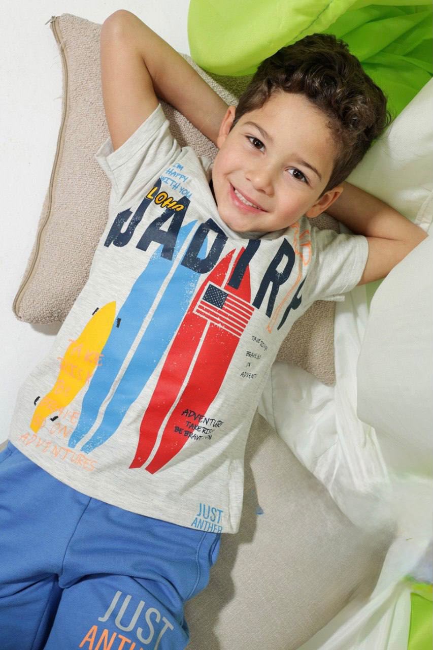Boys' Surf Print T-Shirt & Knee-Length Shorts Set – Soft Cotton 2-Piece Casual Homewear for Kids