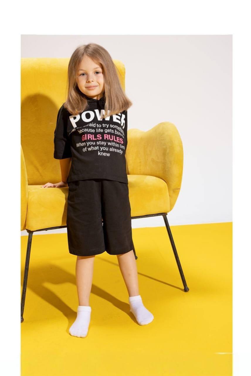 Girls' Black Graphic T-Shirt & Wide-Leg Shorts Set – Casual Cotton 2-Piece Outfit