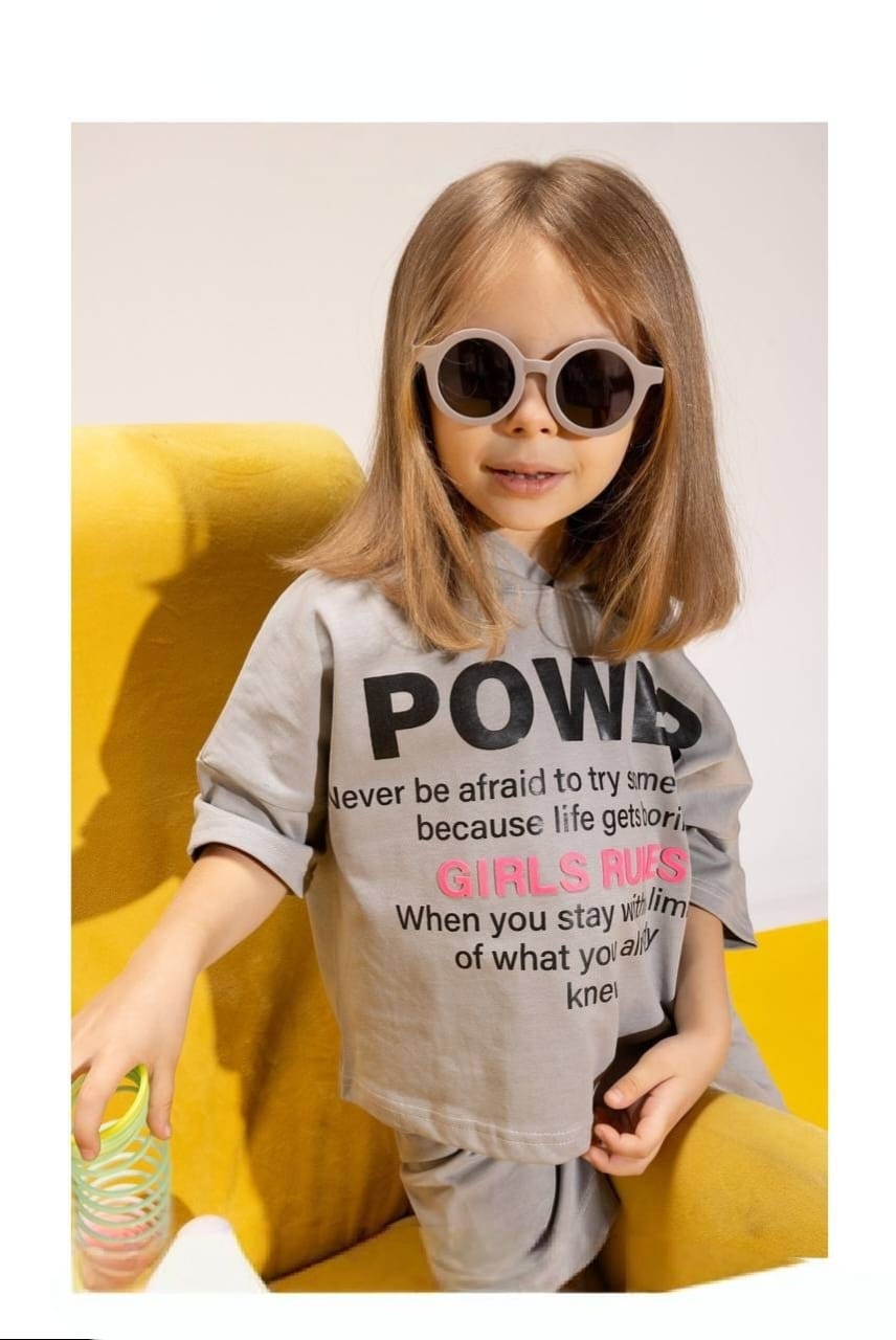 Girls' Beige Graphic T-Shirt & Culotte Shorts Set – Oversized Cotton Casual 2-Piece Outfit