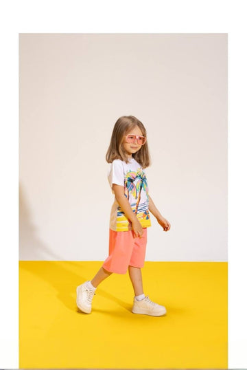Girls' Tropical Print T-Shirt & Coral Culotte Shorts Set – Summer Cotton 2-Piece Outfit