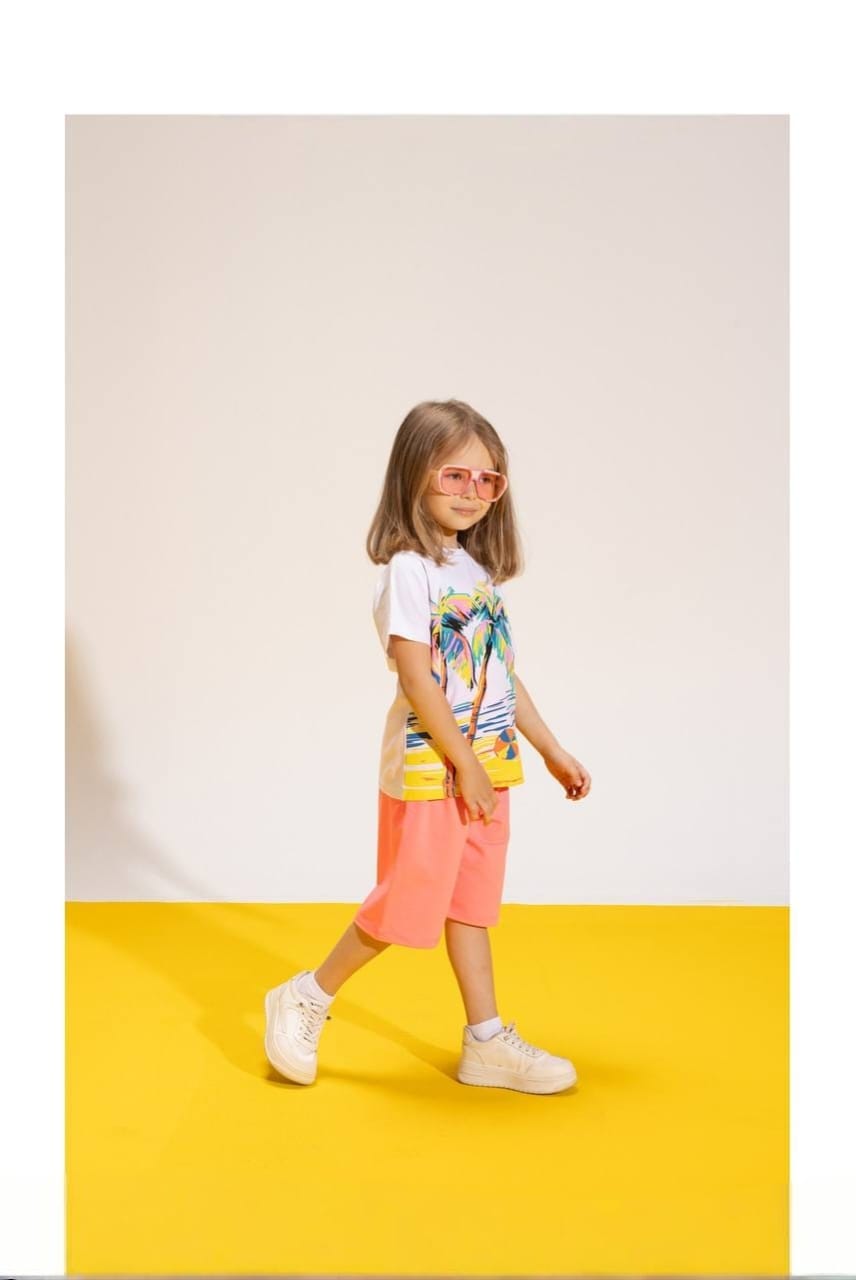 Girls' Tropical Print T-Shirt & Coral Culotte Shorts Set – Summer Cotton 2-Piece Outfit