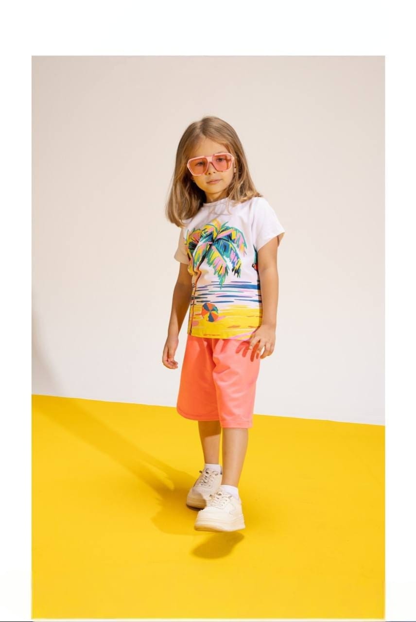 Girls' Tropical Print T-Shirt & Coral Culotte Shorts Set – Summer Cotton 2-Piece Outfit