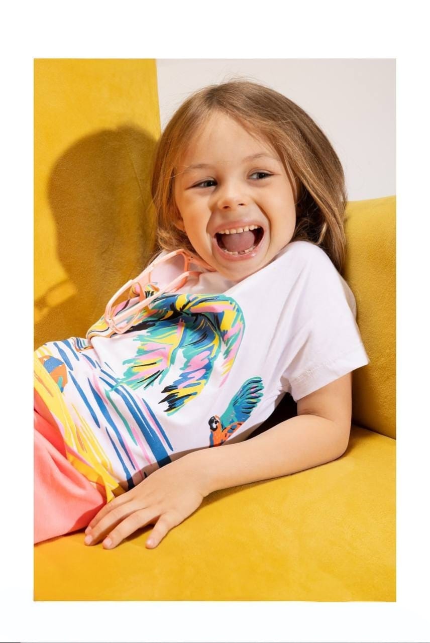 Girls' Tropical Print T-Shirt & Coral Culotte Shorts Set – Summer Cotton 2-Piece Outfit