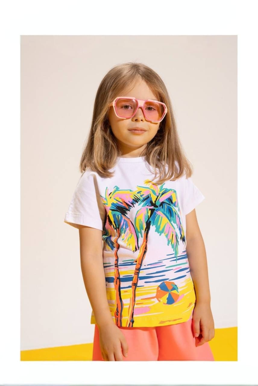 Girls' Tropical Print T-Shirt & Coral Culotte Shorts Set – Summer Cotton 2-Piece Outfit